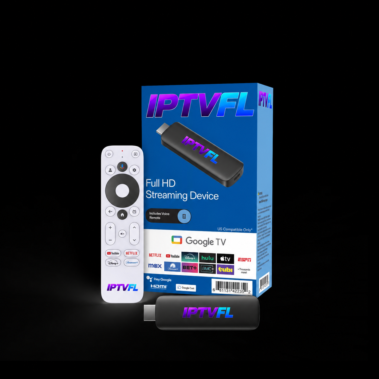 IPTVFL-branded streaming stick, remote and packaging mockup