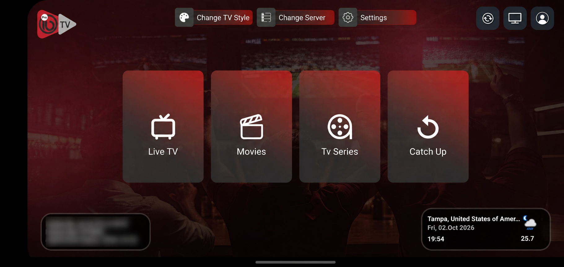 Player home screen with Live TV, Movies, TV Series and Catch Up